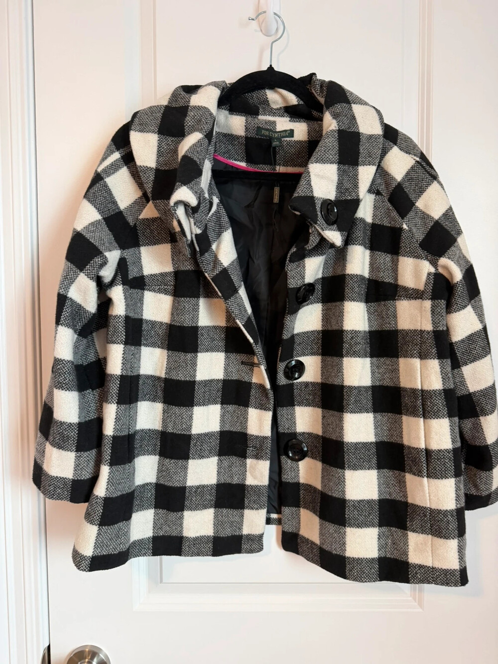 For Cynthia wool blend black and white plaid 3 and a quarter sleeve blazer